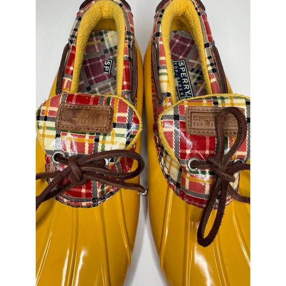 Sperry Top Sider Waterproof Rubber Duck Boot Yellow Plaid Women's Sz 8.5 - Picture 2 of 10